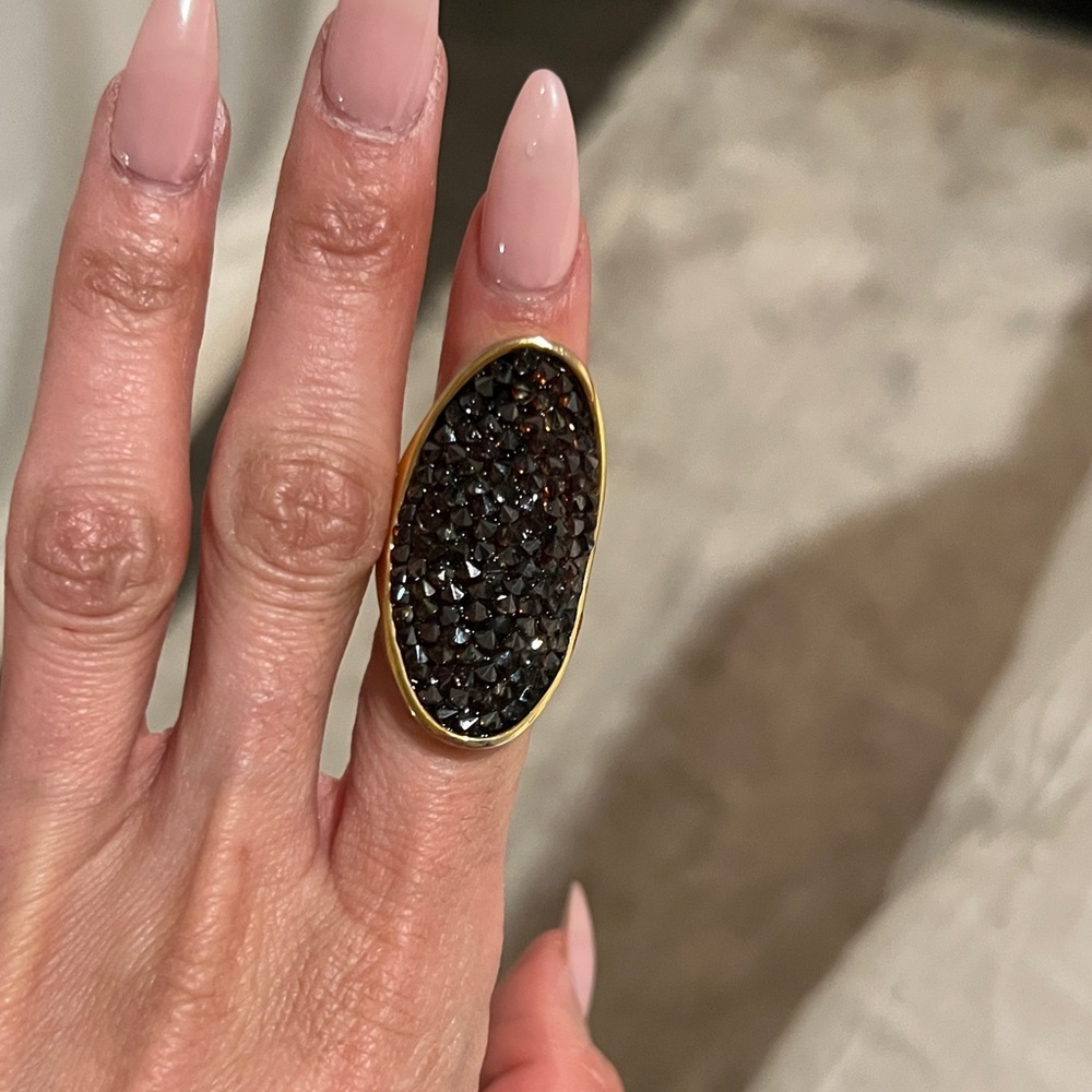 henri bendel Gold Oval Black Crystal Pavé Statement Ring